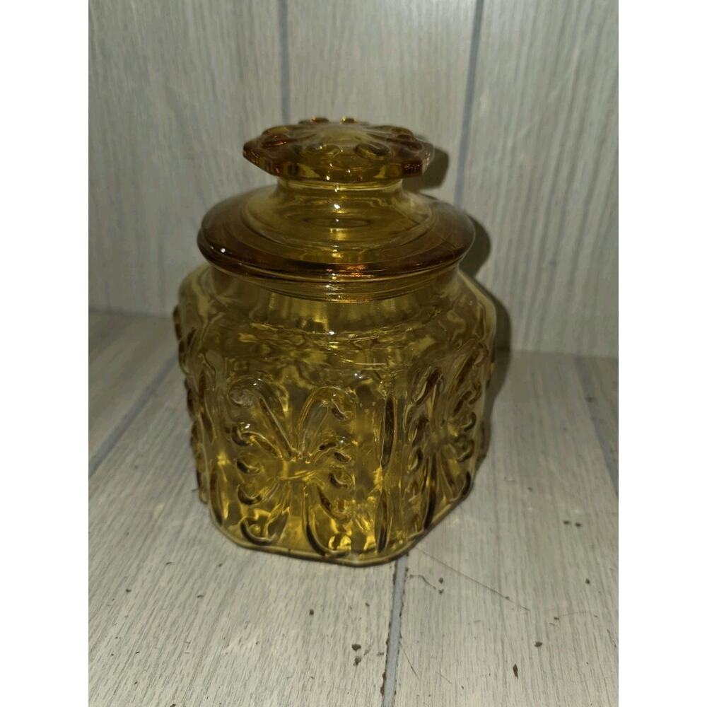 Vintage 1970s Imperial Amber Glass Canister Atterbury Scroll Apothecary 6"